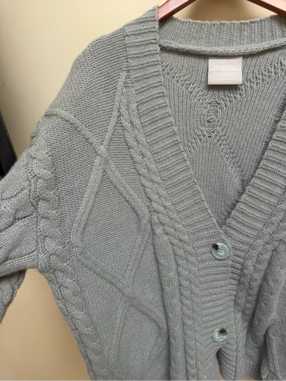The Tortured Poets Department Cozy Cable Knit Cardigan Sweater - Light Gray - Picture 4 of 5